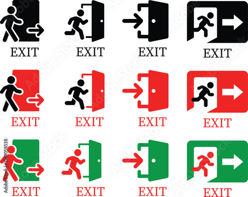 Emergency Exit Icon set. Vector illustration of running man and exit door sign. Escape and evacuation symbol. Various exit sign isolated white background.Evacuation and relocation of people to safety.