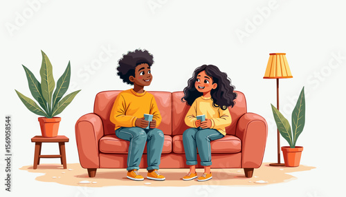 Happy children sitting on a couch at home