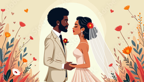 Couple in love exchanging vows with flowers in the background