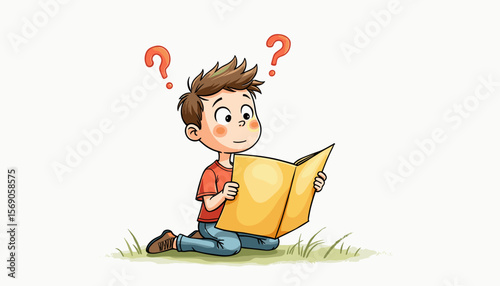 Curious boy reading a book on green grass