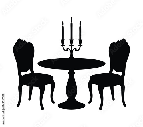 Set of Romantic Dinner Table Silhouettes, On white background