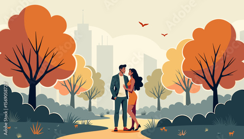 Couple in love enjoying a romantic moment in autumn park