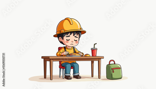 Boy wearing hard hat eating lunch at table