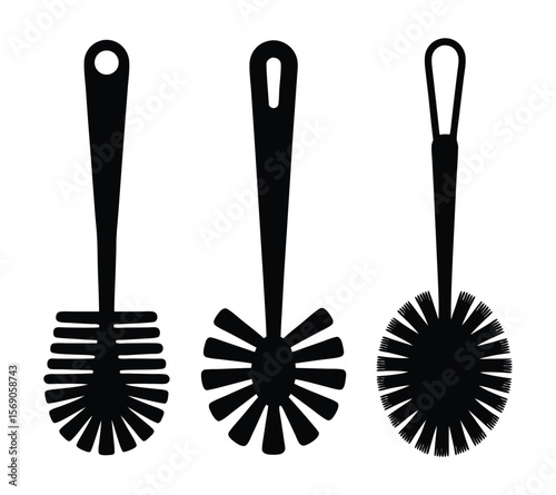 Toilet Brush Icon Set, of bathroom cleaning tool icons in silhouette and outline styles