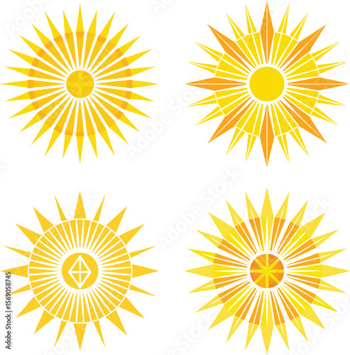 stylized sun symbols with radiating rays in yellow and orange hues