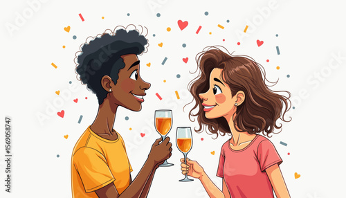 Happy couple toasting with drinks against a festive background