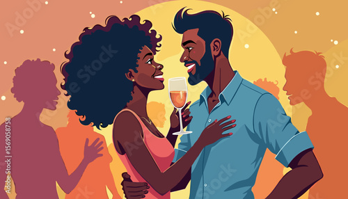 Couple smiling and toasting with drink at a party background
