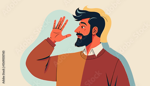 Man waving hello with a friendly expression against a simple background