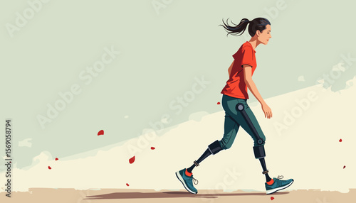 Woman walking confidently with prosthetics on a smooth background