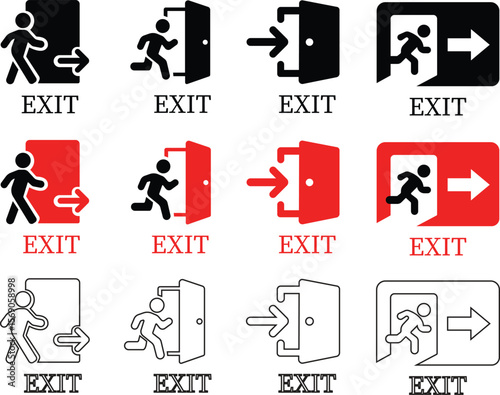 Emergency Exit Icon set. Vector illustration of running man and exit door sign. Escape and evacuation symbol. Various exit sign isolated white background.Evacuation and relocation of people to safety.