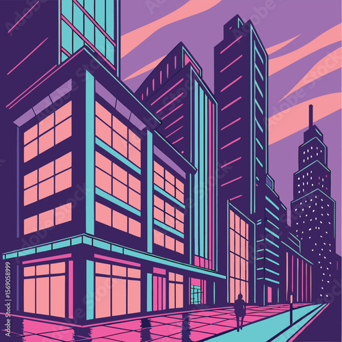 Illustration of a city street with tall buildings and a person walking on the sidewalk at dusk time