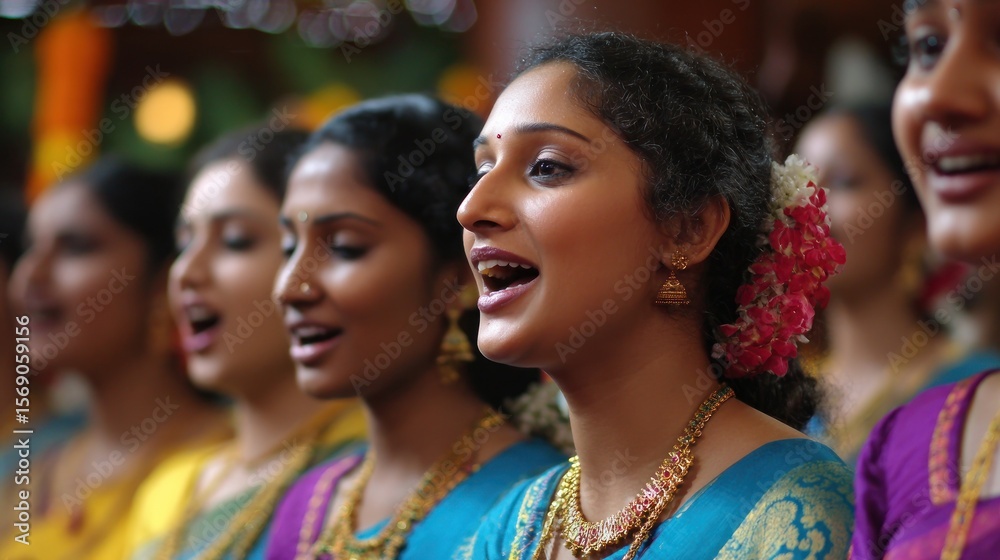 Fototapeta premium Women singing in traditional attire colorful group portrait