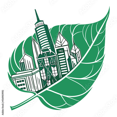 Green leaf containing a city skyline with buildings and a tall skyscraper silhouette design art