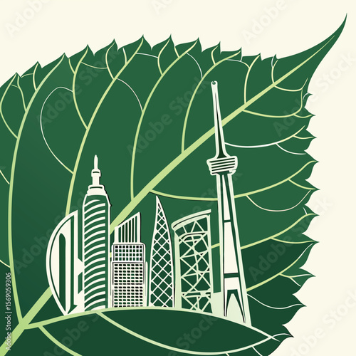Illustration of city skyline silhouette inside a green leaf with detailed vein structure art concept