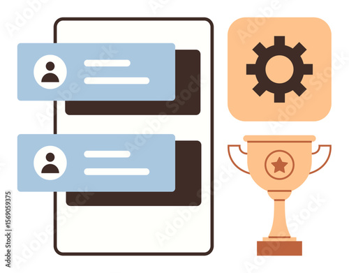 Chat bubbles on smartphone interface, settings icon for configuration, and trophy for success. Ideal for teamwork, achievement, productivity, goal setting, communication, collaboration success