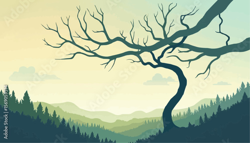 Minimalist Artistic Tree Silhouette in Serene Mountain Landscape with Soft Colors