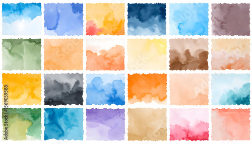 Collection of Twenty-Four Watercolor Washes in Diverse Hues and Textures.