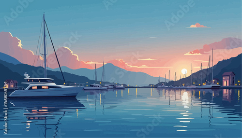 Serene Sunset Over Calm Marina with Sailboats and Mountain Backdrop