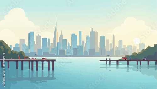Modern City Skyline with Waterfront View and Bridges in Soft Pastel Colors