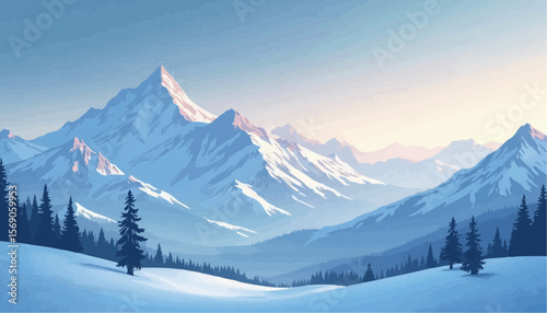 Snowy Mountain Range with Tall Peaks and Forested Hills at Sunset