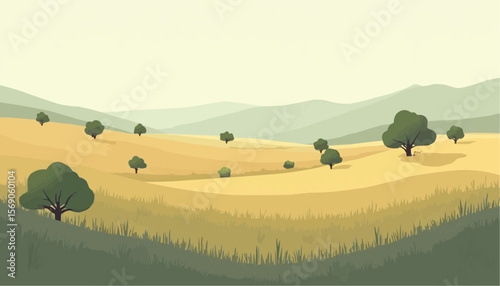 Serene Rolling Hills Landscape Illustration with Trees in Soft Pastel Colors for Nature and Scenic Backgrounds