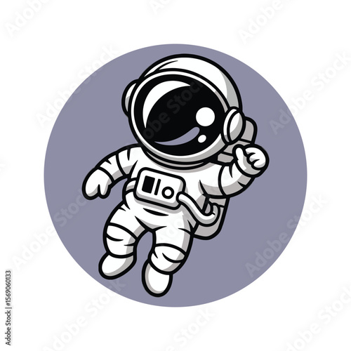 Cute cartoon astronaut floating in space with a friendly wave and a purple circular background