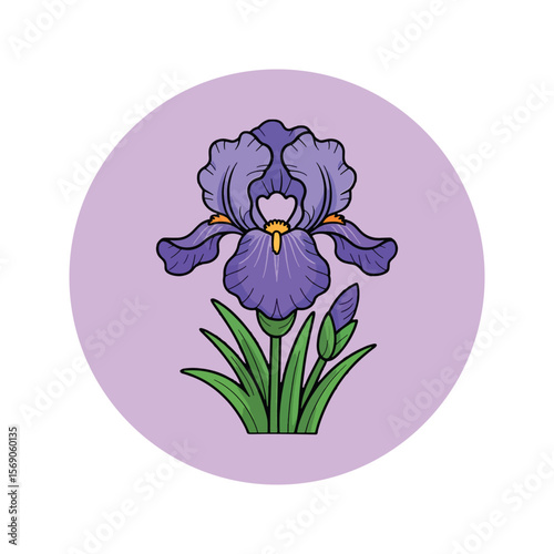Stylized purple iris flower with bud and green leaves on a soft lavender circular background