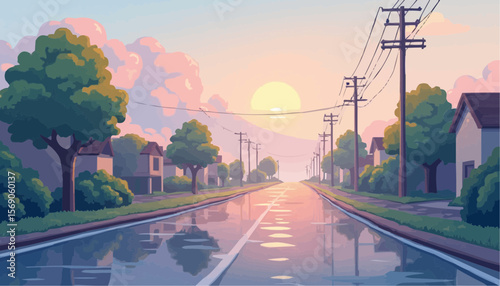 Serene Sunset Road Scene with Trees Houses and Power Lines in Soft Pastel Colors