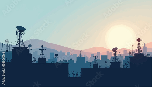 Silhouette of Multiple Communication Antennas and Satellite Dishes on Rooftops at Sunset