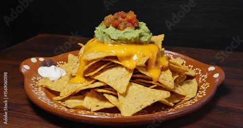 Melted cheese nachos topped with guacamole and salsa, served on a decorative plate