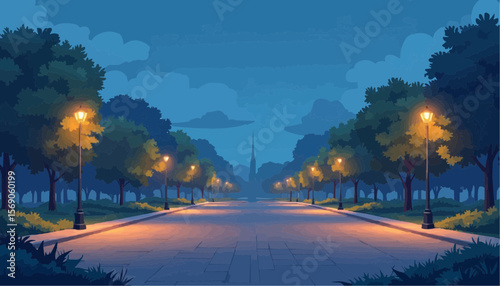 Nighttime City Park Pathway with Street Lamps Brightly Illuminating Quiet Scenic Walkway