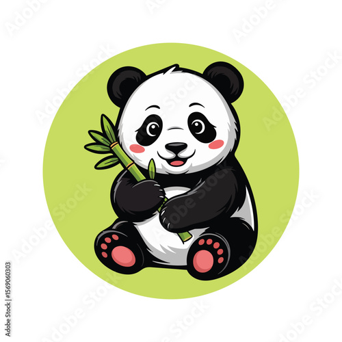 Cute cartoon panda bear sitting and holding a bamboo stalk with a cheerful expression