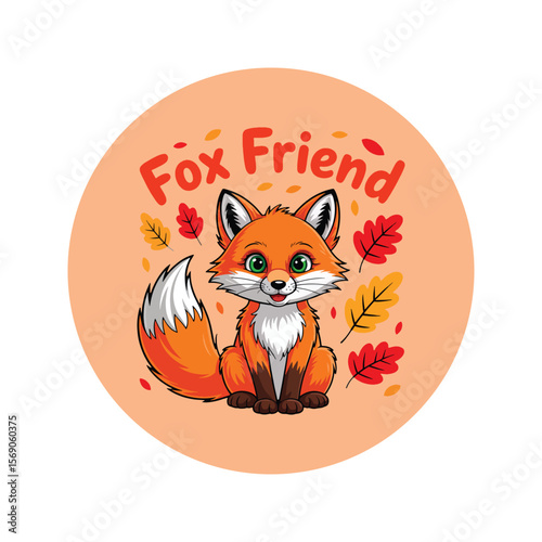 Cute cartoon fox sitting among autumn leaves with the words fox friend written above