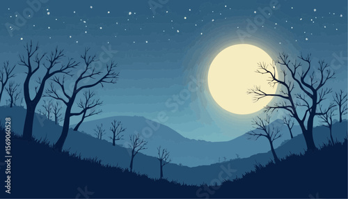 Night Landscape with Full Moon and Bare Trees in Silhouette