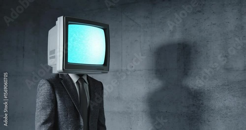 A person with a vintage television for a head, wearing a suit, against a concrete wall