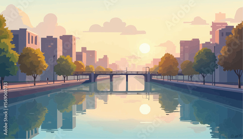 Sunset Over Calm Urban River with Bridge and Cityscape