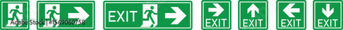 Emergency Exit Icon set. Vector illustration of running man and exit door sign. Escape and evacuation symbol. Various exit sign isolated white background.Evacuation and relocation of people to safety.