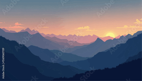 Sunset Over Mountain Landscape with Colorful Sky and Silhouetted Trees
