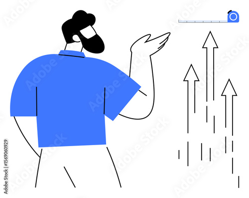 Man in a blue shirt gesturing at upward arrows symbolizing progress with measuring tape for evaluation. Ideal for growth, measurement, progress, planning, analysis, development, simple flat metaphor