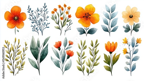 Hand - drawn Floral Elements Collection (Colorful Flowers, Leaves, Illustration Style) for Cultural Creative Design, Decorative Materials, Illustration Creation