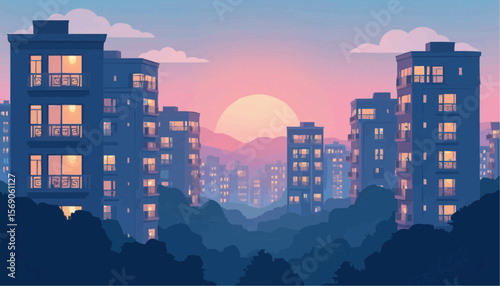 Sunset Over Modern Apartment Buildings in City Skyline with Pink and Purple Sky