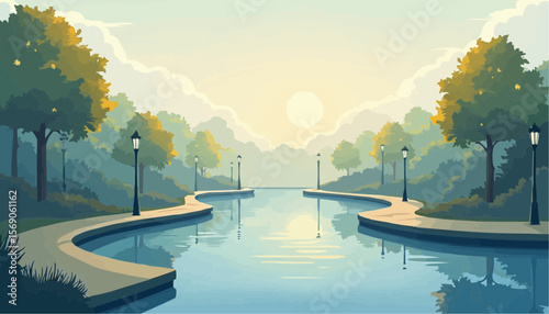 Serene Park Scene with Waterway and Trees During Sunrise in Soft Natural Light