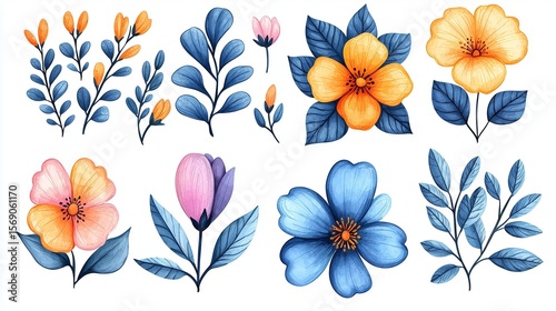 Hand - drawn Floral Elements Collection (Fresh Style, Color Matching, Plant Patterns) for Cultural Creative Design, Decorative Materials, Illustration Backgrounds