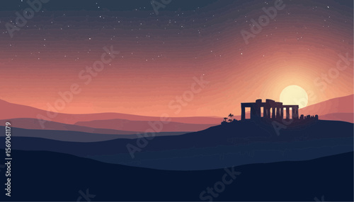 Sunset Over Ancient Stone Structure on Mountain Ridge in Twilight Scene