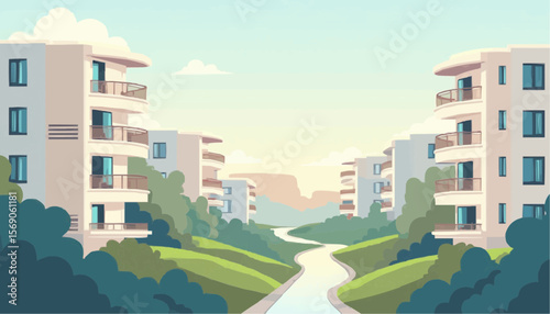Modern Apartment Buildings with Green Landscape and Waterway in Suburban Community