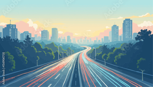 Modern Cityscape with Light Trails on Highway at Sunset