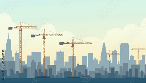 Construction Cranes Over City Skyline with Modern High-Rise Buildings
