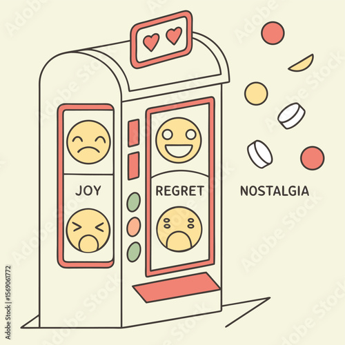 Illustration of a vending machine with emotions like joy regret and nostalgia displayed on it