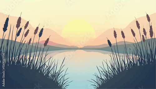 Serene Sunset Over Calm Lake with Mountain Silhouettes and Reeds