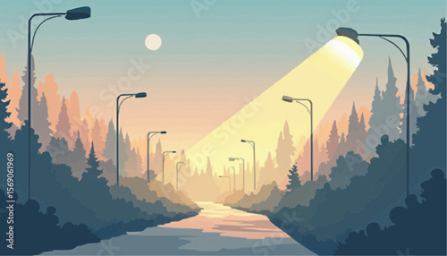 Streetlights Illuminating Forest Path During Evening with Full Moon